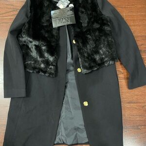 IMAN Black Coat with Faux Fur and Gold Accents